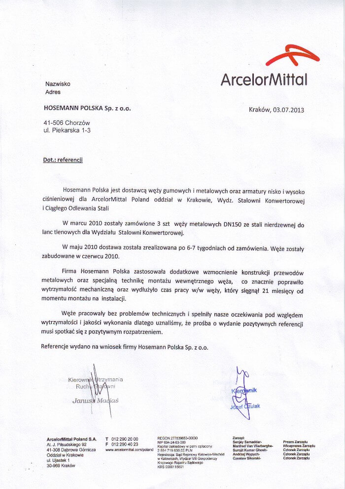 ArcelorMittal - referencja dla Hosemann Polska