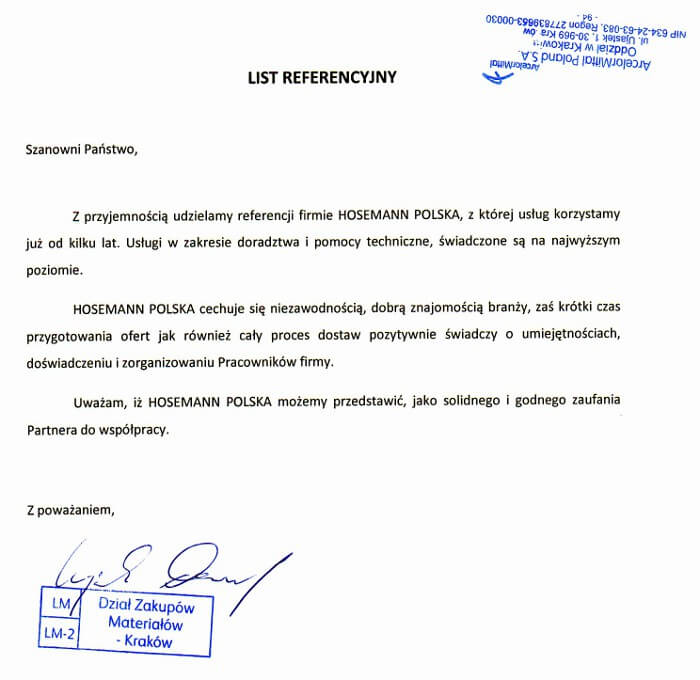 ArcelorMittal - list referencyjny dla Hosemann Polska