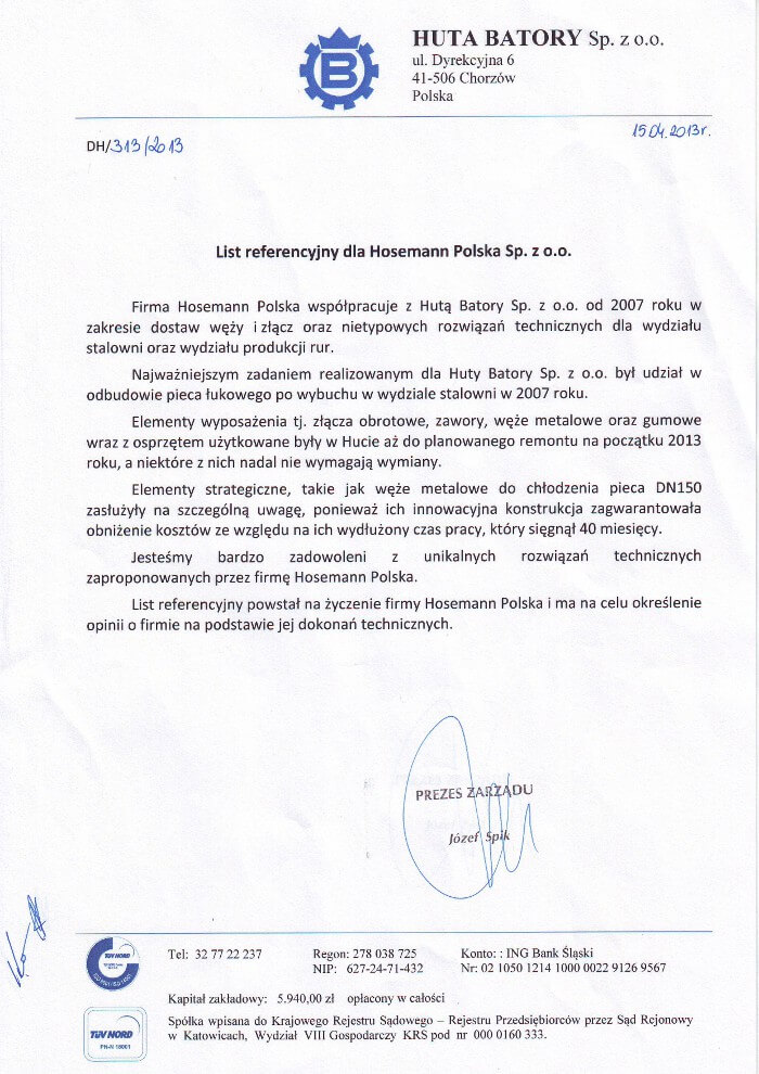 Huta Batory - referencja dla Hosemann Polska